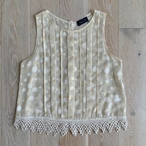 ASTR Cream Gold Polka Dot Crochet Hem Crew Neck Button Back Tank Top Size S